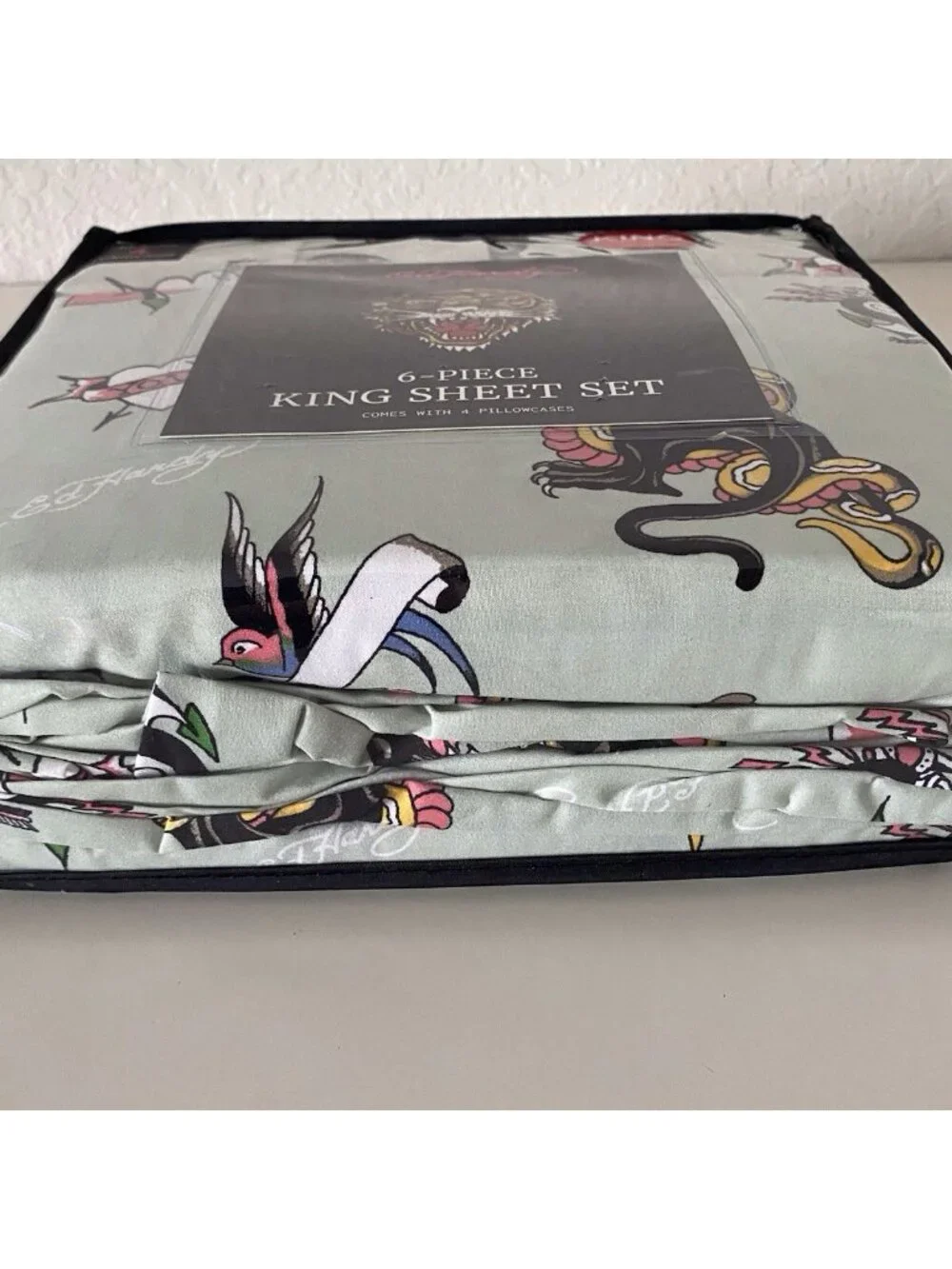 6 Piece Ed Hardy KING Size Sheet Set Green Logo Panther Snake Hearts Roses NEW